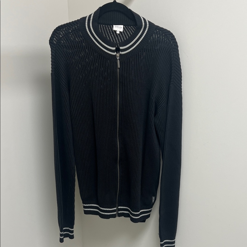 Armani Collezioni Grey and White Zip-Up Sweater